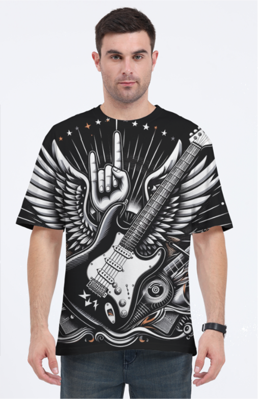 Cool rock guitar themed all-over printed oversized tee