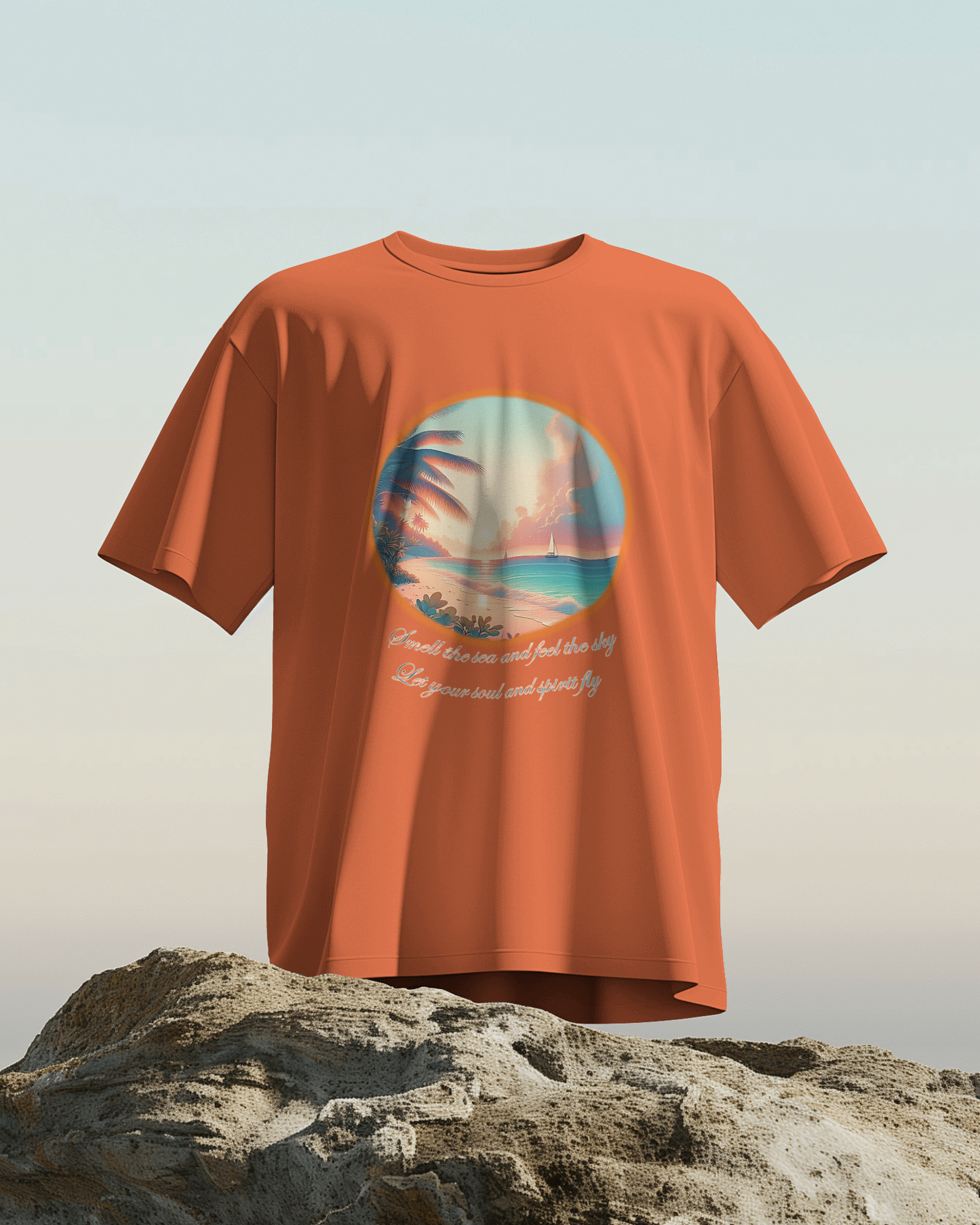 Beach lovers printed oversized t-shirt (Petrol blue and coral)