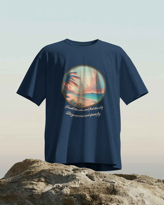 Beach lovers printed oversized t-shirt (Petrol blue and coral)