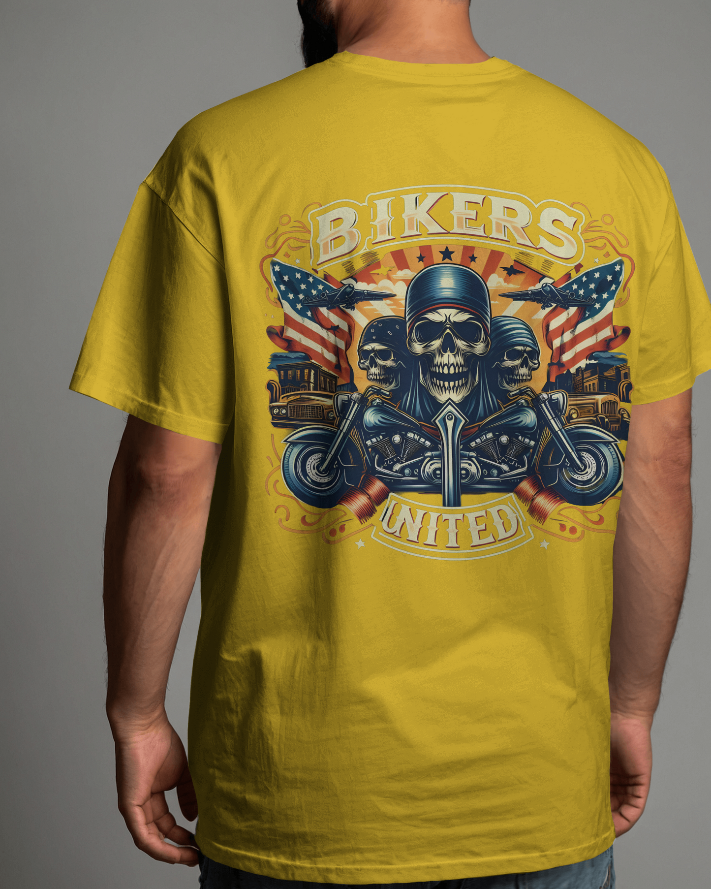 Bikers united front and back printed t-shirt (Mustard yellow)