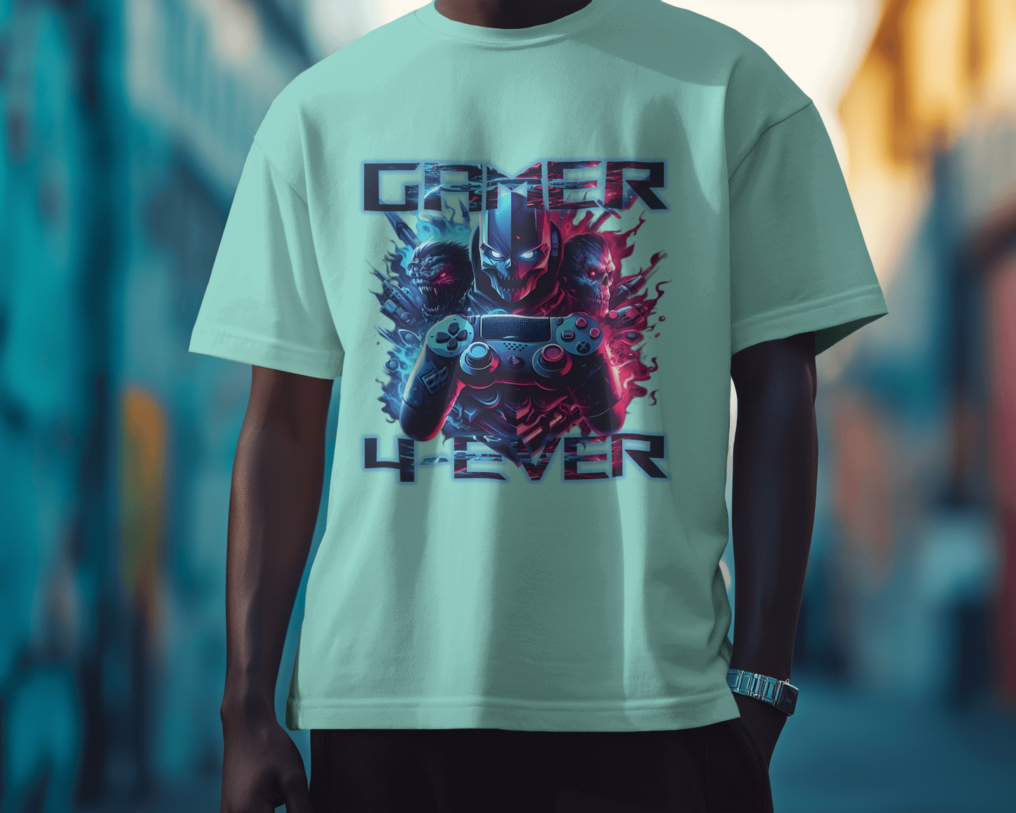 Gamer 4-ever printed oversized t-shirt (Baby blue, Mint and white)