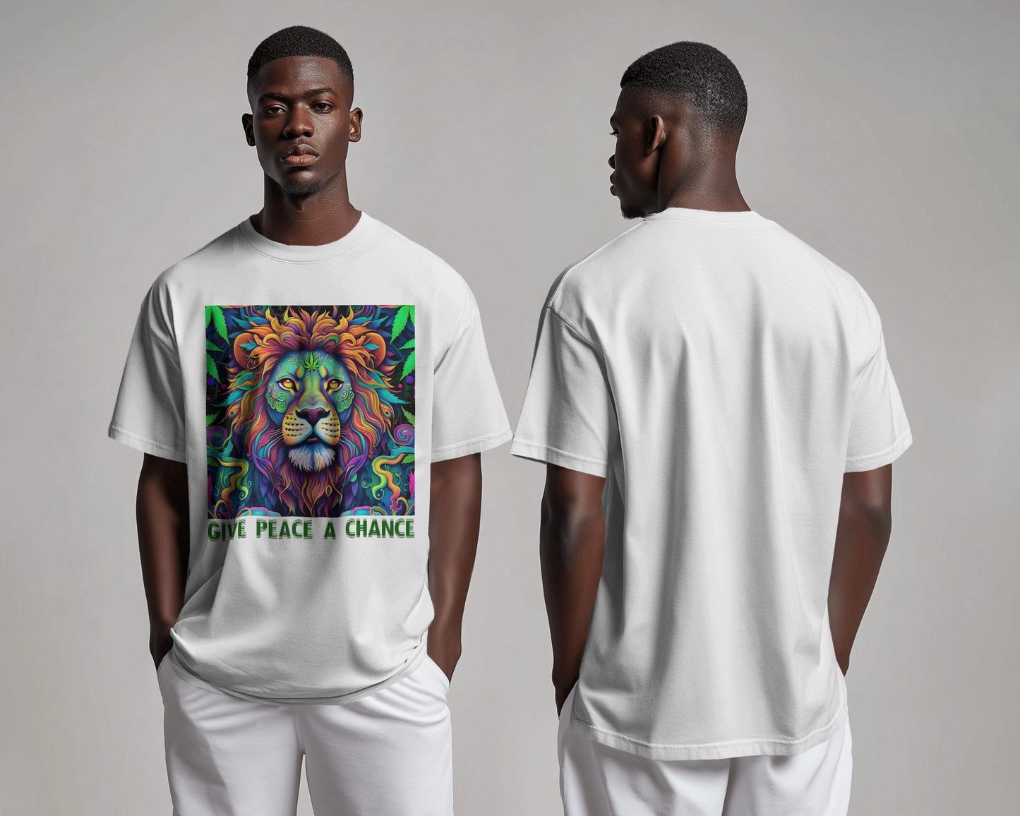 Trippy peace lover design printed oversized tee (White)