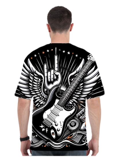 Cool rock guitar themed all-over printed oversized tee